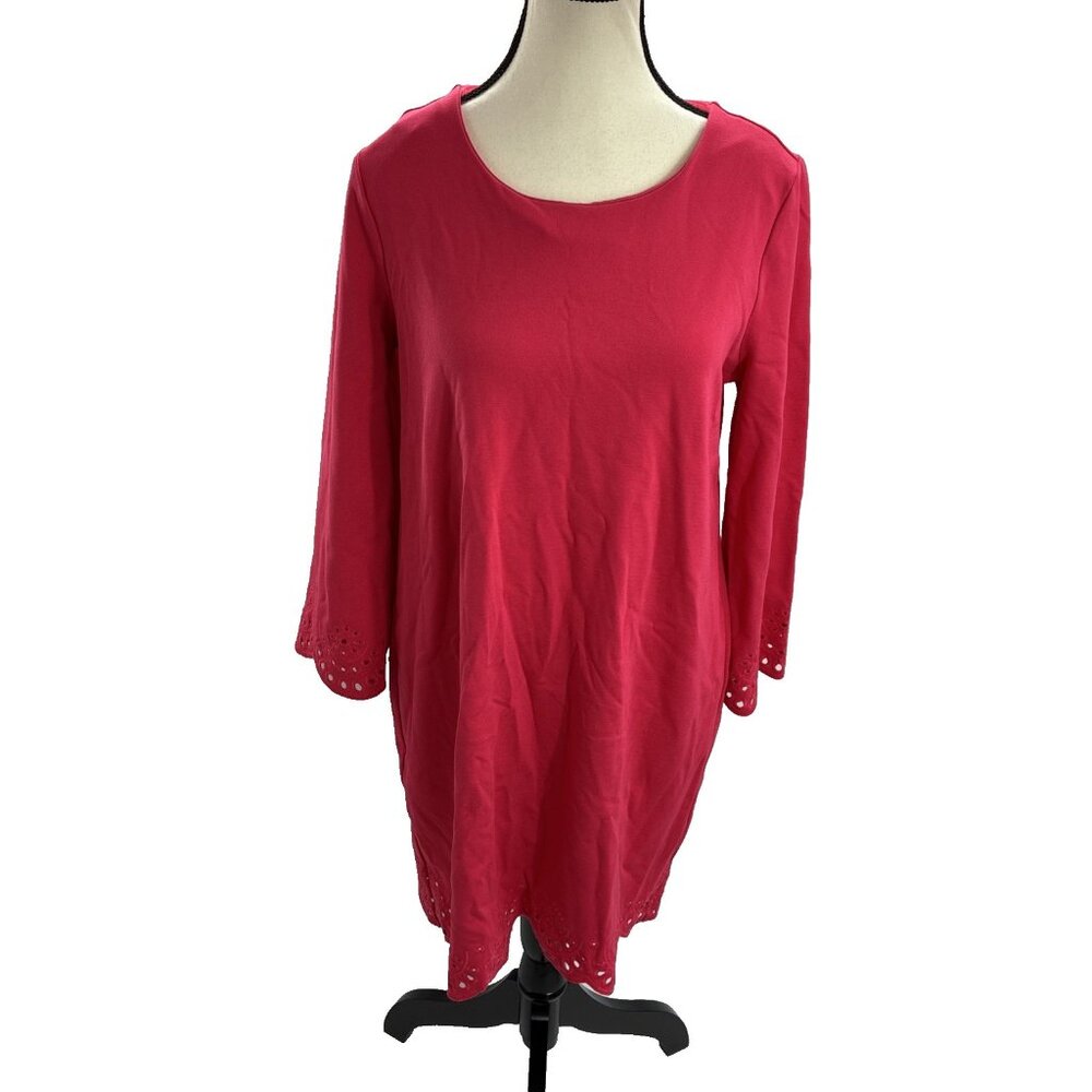 Adrienne Vittadini Womens Size M Dress Red 3/4 Sleeve Eyelet Hem Shift Style